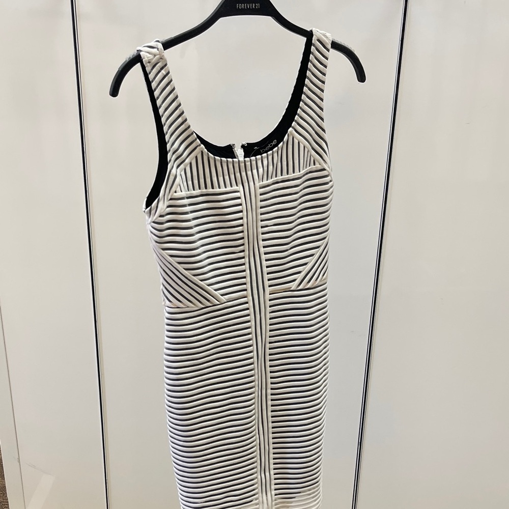 bebe Black and White Striped Midi Dress